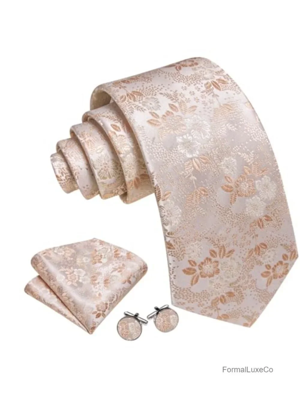 Silk Woven Floral Tie Set with Handkerchief Cufflinks for Men Wedding Party